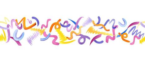 Confetti seamless banner. Multicolored squiggle. Simple shapes of brush strokes. Curls design. Kid scribble for party, birthday package. Watercolor illustration of cute flying squiggles vector