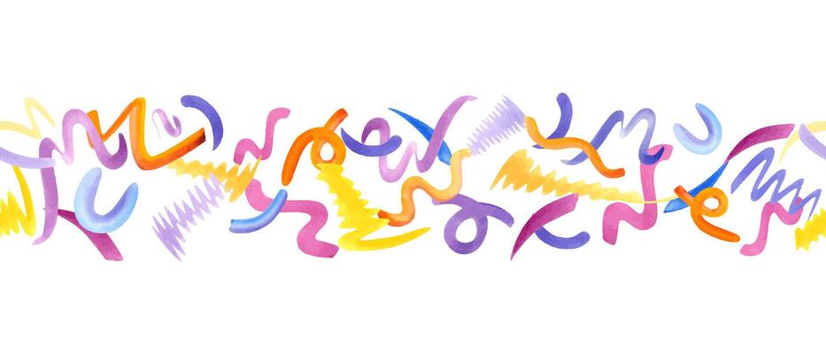 Confetti seamless banner. Multicolored squiggle. Simple shapes of brush strokes. Curls design. Kid scribble for party, birthday package. Watercolor illustration of cute flying squiggles