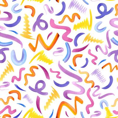 Line doodle seamless pattern. Multicolored brush strokes. Simple geometric shapes. Bold wavy Curls design, squiggle in 90s style. Kid scribble for party, birthday package. Watercolor cute illustration