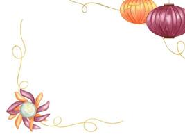 Diwali frame with Diya lamps, lanterns and gold ribbons. Candle in shape of lotus flower. Festival of lights. Horizontal border with empty space for text. Watercolor illustration vector