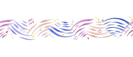 Seamless border with abstract music waves and music notes. Multicolored note symbols. Musical cute atmosphere. Watercolor illustration for textile, package, wrapping vector