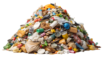 Large pile of assorted household waste and garbage items isolated transparent png