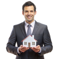 Businessman displaying house model with orange roof, isolated on transparent background png
