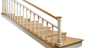 Wooden staircase with white railings side view isolated transparent png