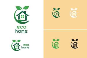 Eco home logo design featuring a house surrounded by leaves on different colored backgrounds vector