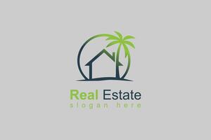 Logo design featuring a house and palm tree representing a real estate business in a tropical setting vector