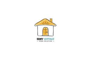 A hand-drawn illustration of a cozy cottage design with a cheerful sun above, representing a home solution concept vector
