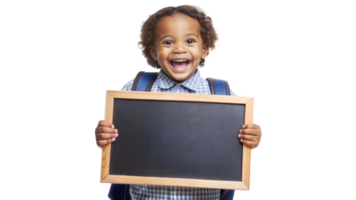 Excited child with chalkboard and backpack, transparent png
