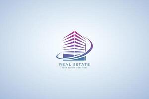 Modern logo design for a real estate company featuring a stylized building and dynamic swirl vector