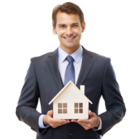 Professional holding white house model, isolated on transparent background png