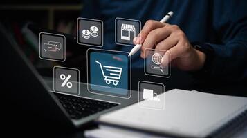 Hand interacting with e-commerce icons on a digital interface. Online shopping and digital marketing strategies. E-commerce websites, digital marketing materials, and tech articles. Modern digital photo