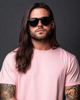 Handsome model showcases a blank t-shirt, displaying a cool style and attitude photo