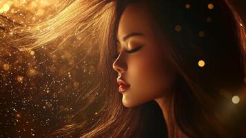 A stunning woman with flowing hair poses gracefully against a shimmering backdrop photo