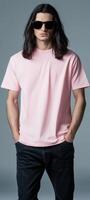 Model displays a blank t-shirt, exuding confidence with a relaxed posture photo