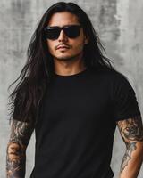 A confident model displays a blank t-shirt in an urban atmosphere photo