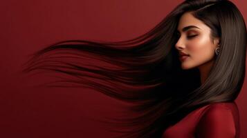 A stunning Indian woman showcases her flowing hair against a deep maroon backdrop photo