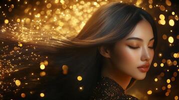 A graceful model poses amidst a cascade of shimmering golden lights photo