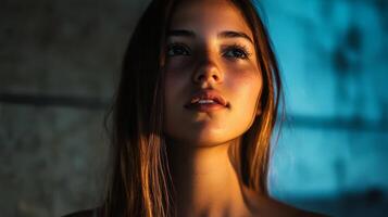 Captivating young model illuminated by gentle, atmospheric light photo