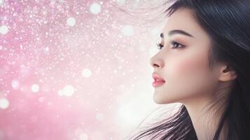 An Indonesian woman gazes thoughtfully, her hair flowing gracefully in the breeze photo