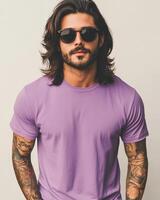 Handsome model displays a blank t-shirt while showcasing his confident style photo
