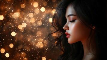 A woman with smooth hair ponders quietly while illuminated by soft lights photo