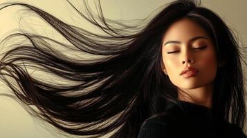 The model showcases her beauty with smooth, cascading hair in soft light photo