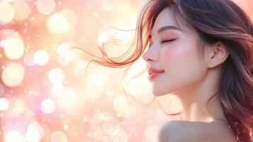A Japanese woman embraces the tranquility of nature with flowing hair photo