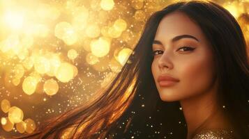 A woman with smooth hair gazes thoughtfully at a radiant backdrop photo