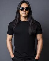 Model with long hair poses confidently, displaying a plain t-shirt effortlessly photo