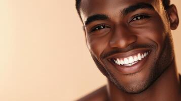 A handsome male model smiles brightly, showcasing his charming features and confidence photo
