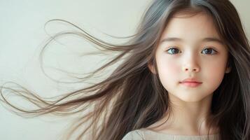 A little girl with smooth hair enjoys a gentle breeze in Thailand photo