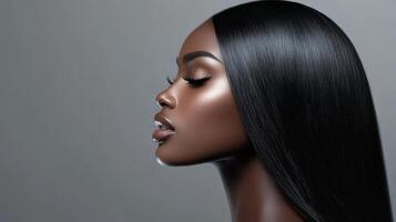 A stunning woman confidently displays her smooth, radiant hair in profile photo
