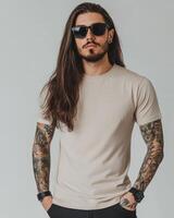 Model displays a blank t-shirt while embodying a confident, edgy style photo