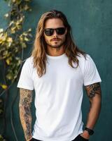 A confident model displays a blank t-shirt in a relaxed outdoor setting photo