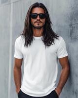Model with long hair wears a blank t-shirt and sunglasses, exuding confidence photo