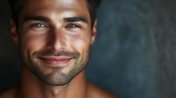 A handsome male model exudes warmth with a genuine smile and captivating eyes photo