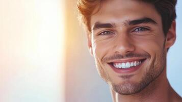 A handsome male model beams with confidence and warmth in a gentle glow photo