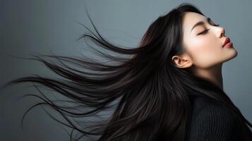A graceful model showcases her smooth hair, exuding elegance and confidence photo