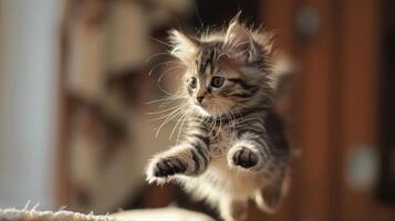 funny cat flying. photo of a playful tabby cat jumping mid-air looking at camera.