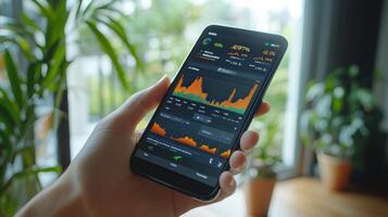 A close-up of hands holding a smartphone with a stock trading app photo