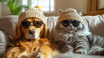 Two cats and a dog are wearing sunglasses and hats photo