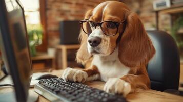 A dog wearing glasses is sitting in front of a computer keyboard photo