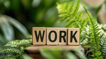 A wooden block with the word WORK written on it photo
