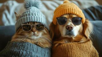 Two cats and a dog are wearing sunglasses and hats photo