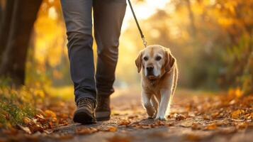 A dog is walking on a sidewalk with a leash photo