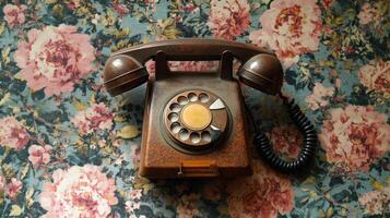 A phone with a floral pattern on the wall behind it photo
