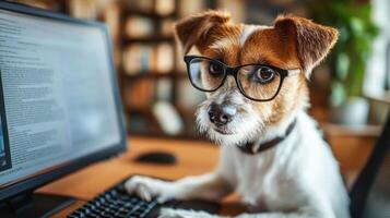 A dog wearing glasses is sitting in front of a computer keyboard photo