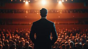 A man stands on a stage in front of a large crowd photo