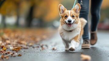 A dog is walking on a sidewalk with a leash photo