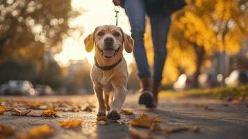 A dog is walking on a sidewalk with a leash photo